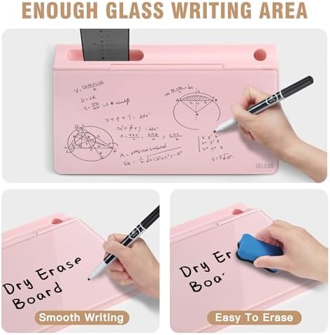 SELEAD Desktop Glass Whiteboard with Storage, 5 Markers and 1 Eraser, Pink
