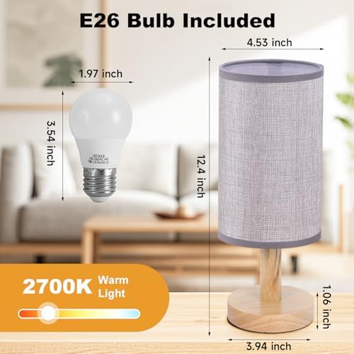Gray Small Bedside Table Lamp for Bedroom,Natural Round Wood Base&Fabric Linen Shade,Cozy Night Table Light for Study Reading,Minimalist Boho Desk Lamp for Nightstand,Living Room,Nursery,Kitchen,Dorm