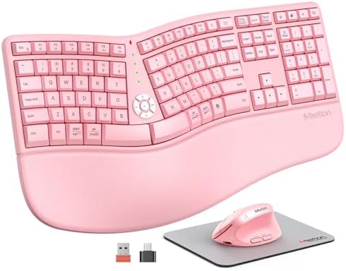 MEETION Ergonomic Keyboard Mouse Combo, Split Design, Vertical Mouse, Pink
