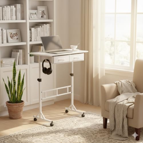 Small Standing Desk with 2 Drawers, Rolling Computer Desk for Walking Pad