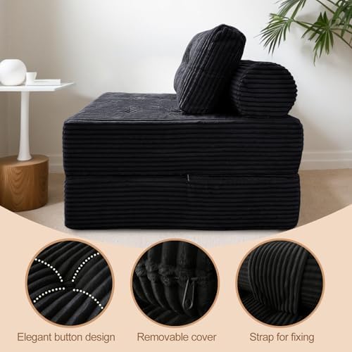 Nigoone Sofa Bed Futon, Versatile Foldable Sleeper Chair with Pillow, Supportive Memory Foam, Plush Corduroy Fabric, Cozy Floor Couch, Convertible Mattress for Bedroom/Living Room/Guest/Office, Black