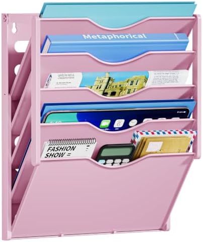 Marbrasse 5 Tier Wall File Organizer, Plastic Hanging File Holder for Mail, Magazines Paper Organizer Wall Mounted for Office Home (Pink)