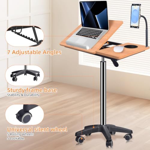 Mobile Laptop Stand Desk on Wheels, Height Adjustable Rolling Cart with Tilting Tabletop and Cup Holder (XX-Large)