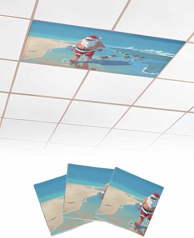 Beach Christmas Magnetic Fluorescent Light Covers for Ceiling Lights 2 x 4 Feet,Coastal Ocean Turtle Santa Claus Blue Office Classroom Kitchen Drop Ceiling Light Covers Filters Shade Panel 3 Packs