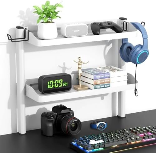 Clamp on Desk Shelf White, 2-Tier Office Desk Shelves Organizer, 17in Small Shelf for Top of Desk with Headphone Holder, Hooks, Desktop Storage Rack for Home Workspace, Study Rooms, Gaming Accessories