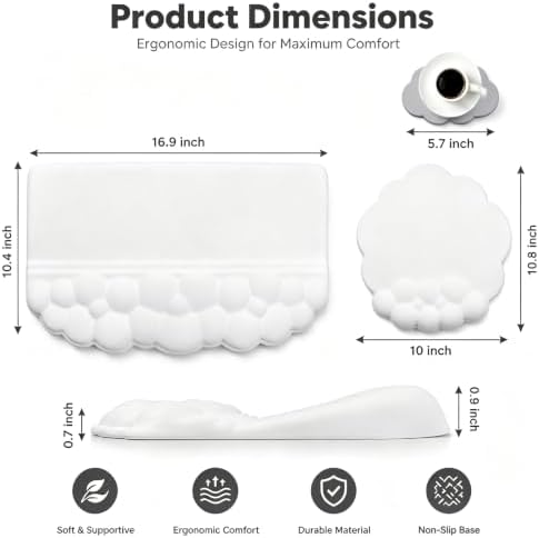 Cloud Keyboard Wrist Rest with Sloped Keyboard Pad, Ergonomic 3-in-1 Mouse Pad with Wrist Support and Coaster, Non-Slip Memory Foam Desk Mat Set for Mechanical Keyboard, Office & Gaming,White