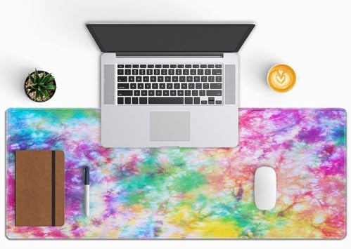 Colorful Tie Dye Pattern Desk Mat, Extended Big Mouse Mat for Home and Office, Large Gaming Mousepad Laptop Keyboard Mat with Non-Slip Rubber Base, Stitched Edges (31.50"x11.8"x0.12")