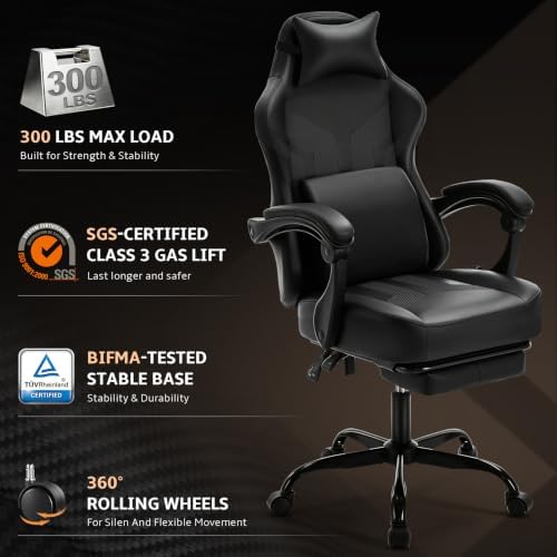 Office Computer Gaming Chair for Adults with Footrest, Black