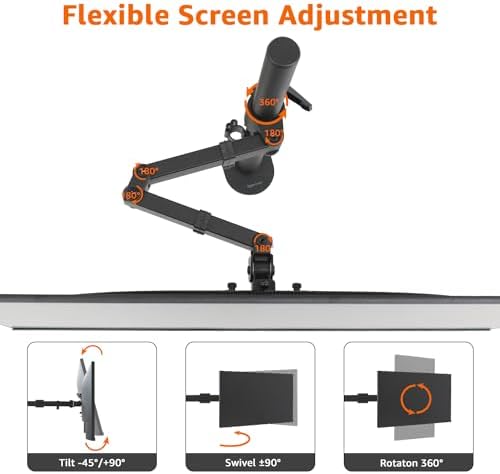 Amazon Basics Adjustable Single Monitor Arm Desk Mount, Holds up to 32" (38” Ultrawide) and 22 lbs, Adjustable Tension, VESA 75x75/100x100, Black