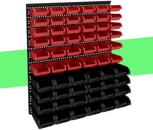 60Pcs Plastic Wall Mounted Storage Bins Parts Rack Nuts And Bolt Bins Organizer For Shop Garage for Screws, Nuts, Bolts, Nails, Beads, and Small Hardware Parts(RED+BLACK, 60)