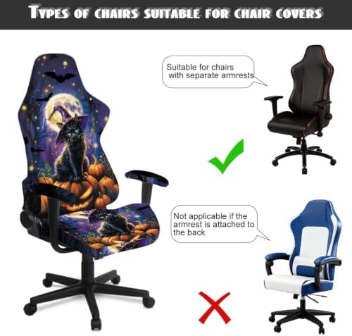 Halloween Gaming Chair Protector Slipcover 4-Piece Fits Office/PC Boss Recliners Anti-Scratch Washable with Zipper for Living Room Witch Black Cat Pumpkin