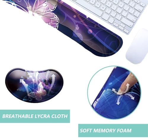 Keyboard Wrist Rest Mouse Wrist Support Set, Memory Foam Wrist Rest Pad for Computer Laptop Keyboard Mouse, Ergonomic Wrist Cushion Support for Typing Pain Relief, Gaming Home Office, Butterfly