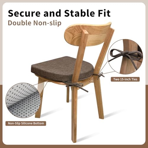 Chair Cushions for Dining Chairs 4 Pack 35D High-Density Foam Seat Cushions for Kitchen Chairs with Ties Non Slip and Removable Cover Chair Pads 16.5" x 16.5" x 2" (Brown)