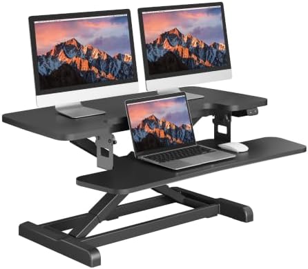 SANODESK 35" Electric Standing Desk Converter,Height Adjustable Riser for Office Home, Monitor and Laptop Workstation with Large Keyboard Tray, Black Color