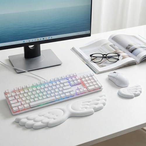 Angel Wing Wrist Rest Set of 2, Cloud Keyboard Mouse Wrist Support Ergonomic Memory Foam Cushion Hand Support Computer Palm Rest Anti-Slip Waterproof Cute for Laptop Gaming Home Office