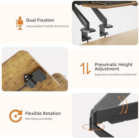 Claiks 24-Inch Sit-Stand Workstation，Innovative Space-Saving Height-Adjustable Ergonomic Desk Converter with Wide Keyboard Tray，Dual Fixation and Flexible Rotation Function, Rustic Brown