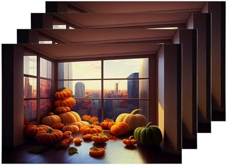 Shrahala Happy Thanksgiving Day Set of 4 12 X 18 Inch Linen Placemats, Pumpkins Floor-to-Ceiling Windows Harvest Burlap Table Mat Washable Double Layered Heat Insulation for Indoor/Outdoor