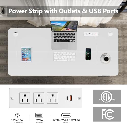 Electric Standing Desk with Wheels, 63'' x 24'' Standing Desk Adjustable Height with Charging Station, 2 USB Ports, 3 Power Outlets, 4 Caster, 27''-46'' Lifting Range Stand up Desk(White)