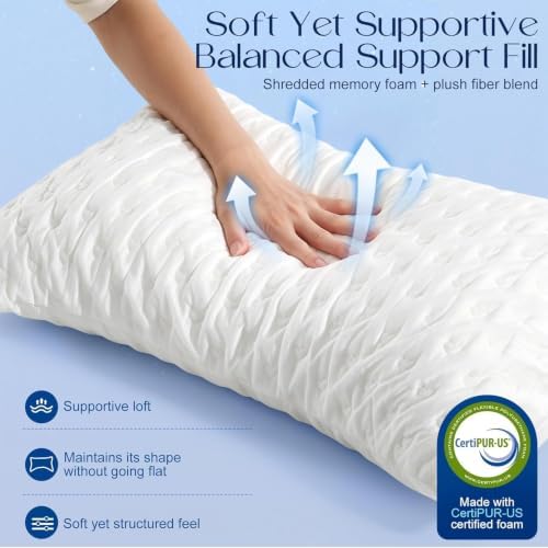 Side Sleeper Pillows for Neck & Shoulder Comfort - Ergonomic Curved Crescent Design, Adjustable Shredded Memory Foam, Cooling & Soft Cover, Extra Fill Included, Queen Size Pillows Set of 2