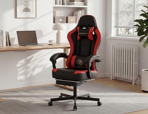 Office Desk Computer Gaming Chair for Adults, Ergonomic High Back Gamer Chair with Massage and Pocket Spring Cushion, Swivel Comfy Video Game Chairs with Footrest and Lumbar Support (Black Red)