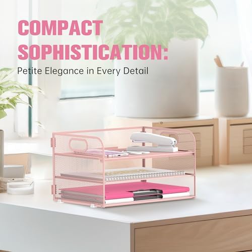 DALTACK 3 Tier Paper Organizer for Desk, Sliding Paper Trays, Pink