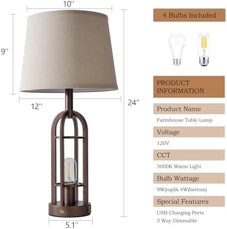 SRJJA 24" Farmhouse Touch Table Lamps for Living Room Set of 2 with USB A+C