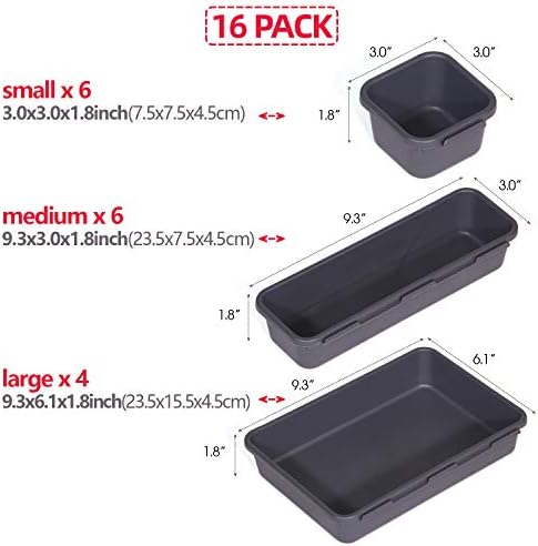 Set of 16 Interlocking Desk Drawer Organizer Tray Dividers Plastic Shallow Narrow Drawers Organizers Separators and Storage Bins Container for Kitchen Bathroom Makeup Office Vanity Bedroom Dresser