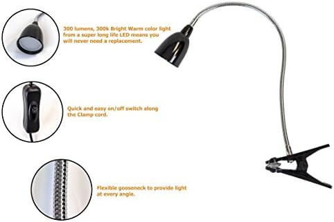 Newhouse Lighting NHCLP-LED-BLK Black Metal Flexible Clamp-Style LED Goose Neck Desk Lamp in 3000K Warm White Color Temperature with Power Adapter and 6 ft. Power Cord
