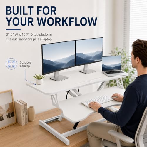 32 Inch Desk Converter, Height Adjustable Stand Up Dual Monitor and Laptop Workstation, Desk Riser for Standing with Wide Keyboard Tray, Standing Desk Topper with Spring Loaded Lift (White)