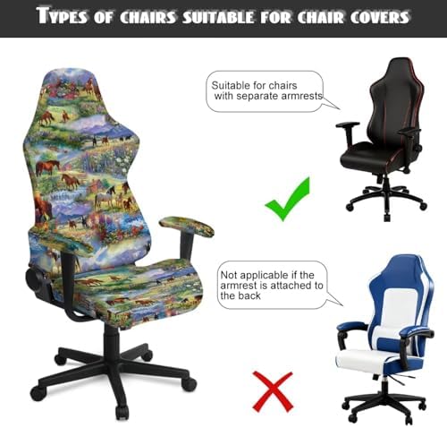 Horse Print Gaming Chair Cover with Armrest Covers Stretchable Breathable Furniture Protector Universal Reclining Racing Gaming Chair