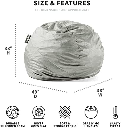 Big Joe Fuf 5Ft Oversized Foam Bean Bag Chair for Kids, Teens, Adults, Fog Lenox, Durable Woven Polyester, 5 foot Large Reading and Gaming Seat