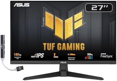 ASUS TUF Gaming 27" FHD IPS Monitor with 1ms Response Time, 180Hz Refresh Rate, Anti Glare, Flicker Free, VESA Mount (100mm), Displayport, HDMI & Dockztorm USB Port Expander, Black Color