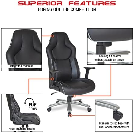OSP Home Furnishings ECH Series Big and Tall Bonded Leather Gaming Chair for Up to 350 Pounds with Height Adjustable Flip Arms and Metal Base, Grey Mesh