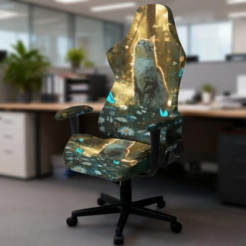 Cat Daisy Butterfly Print Gaming Chair Cover Non Slip Universal Furniture Protector Stretchable Breathable Gamer Chair Slipcover with Armrest Covers