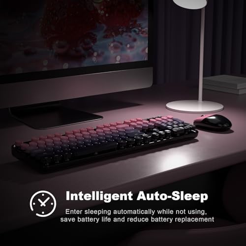 MOFII Wireless Keyboard and Mouse Combo, Full Size 2.4G Plug and Play Typewriter Retro Round Computer Keyboard and Mouse Set for Windows, Computer, Desktop, PC, Notebook - (Plum Pink Gradient)
