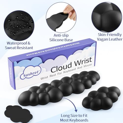 Sushret Cloud Wrist Rest Keyboard, Cloud Keyboard Wrist Pad Set with PU Leather Memory Foam, Cute Arm Rest for Palm Support, PC/Gaming Desk Accessories/Office Setup/Computer Hand Cushion - Black