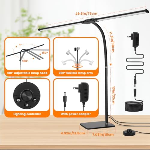 Desk Lamp for Home Office,Adjustable Double Head Desk Light with Base Black