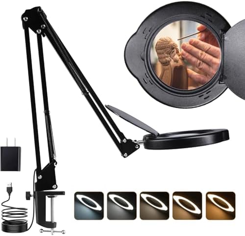 15X Magnifying Glass Desk Lamp with Clamp, Real Glass Lens with Dust Cover, 84 LEDs, 5 Color Modes, 10 Brightness Dimmable, Long Flexible Swing Arm Magnifier for Reading, Crafting, Repair, Close Works