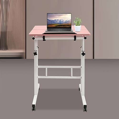 Small Standing Desk, Mobile Rolling Computer Desk, Portable Stand Up Desk with Wheels, Adjustable Height Sit Stand Home Office Desk, 23.6" L x 21.6" W (Pink)
