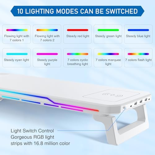 Monitor Stand Riser with USB 3.0 Hub & Type-C Port, 15W Fast Wireless Charging & RGB Lighting, Desk Organizer for Home Office PC iMac 27 Inch (White)