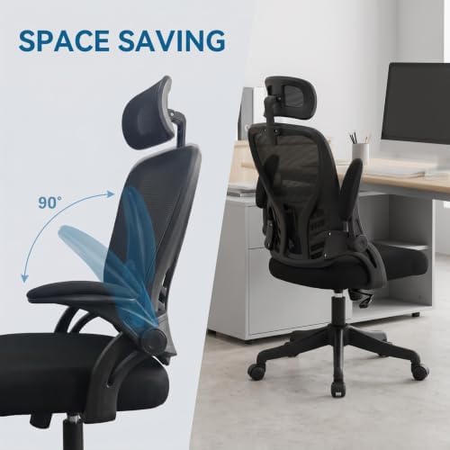 Ergonomic High Back Mesh Office Chair with Adjustable Headrest & Flip Up Armrest, Height Adjustable Swivel Rolling Desk Chair, 300LBS Breathable Computer Task Chair for Home Office(Grey)
