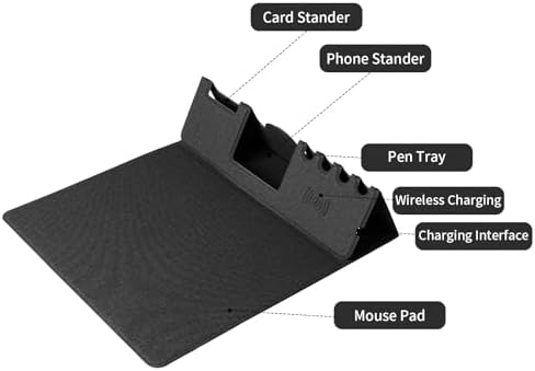 Mouse Pad with Phone Holder & Pen Holders, Wireless Charging Desk Mat, Mousepad Home Office Desk Pad with Ultra-Smooth Surface, Non-Slip Base, Waterproof Keyboard Pad, Classic Black Desk Mat