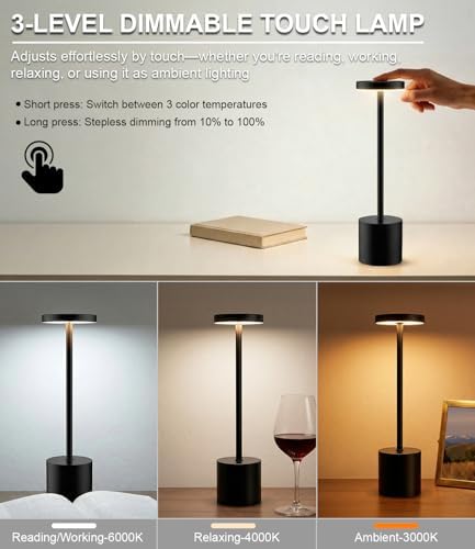 Swinerton Black Cordless Table Lamp, Rechargeable 5000mAh Battery Powered Wireless Table Light, 3 Color Dimmable Lighting, Patio Outdoor Table Lamp, Bedside Night Lamp, Ambient Light for Dining