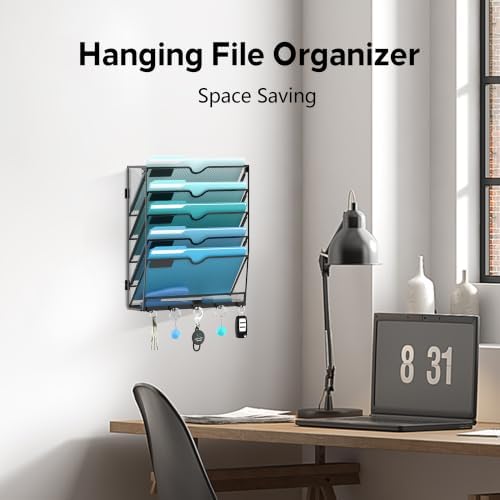 2 Pack 6 Tier Wall File Organizer - Hanging File Organizer with 5 Hooks, Mail Holder Wall Mounted for Papers, Folders, Magazines, Bills, Office&School Organization, Black