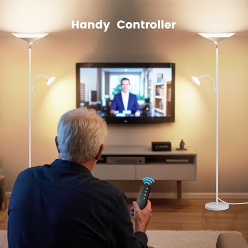SIBRILLE Torchiere Floor Lamp with Wood Grain Shade, 72" Dimmable LED Standing Lamp with Remote, 2-in-1 Floor Reading Lamp with Color Changing, 34W White Corner Lamp for Living Room Bedroom Office