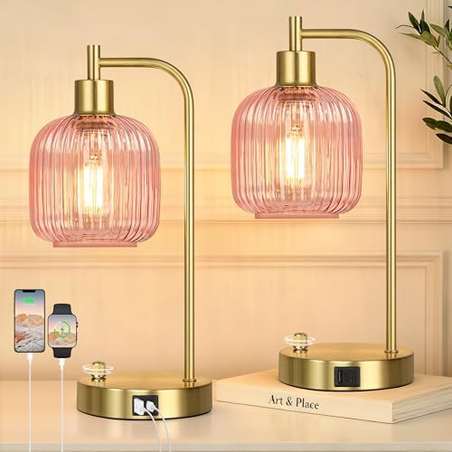 Pink Glass Table Lamps Set of 2, Dimmable Bedside Lamps for Living Room