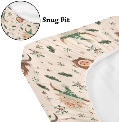 Christmas Highland Cow Winter Holiday Snowflakes Pattern Baby Changing Pad Cover, Unisex Christmas Nursery Diaper Changing Table Pad Mat Sheet for Boys Girls-16x32