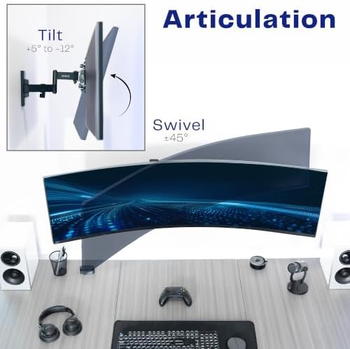 VIVO Full Motion Ultrawide Monitor Wall Mount, Fits Ultra-Wide Screens up to 49 inches and 44 lbs, Wide VESA Range with Tilt and Swivel, Black, MOUNT-VW06