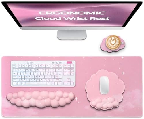 Premium Quality Cloud Wrist Rest Keyboard & Mouse Pad Set – Ergonomic Memory Foam Desk Accessories with Wrist Support for Office & Gaming – Pink