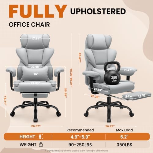 Office Desk Chair, Big and Tall Gaming Chair with Foot Rest, Ergonomic High Back Computer Chair with Soft Adjustable Armrests, Lumbar Support Pillow, Executive Leather Chair (PU, Grey)